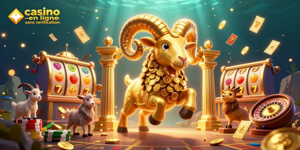 Célébrez les gains sur le casino en ligne sans vérification avec un majestueux bélier doré, entouré de symboles de jeux