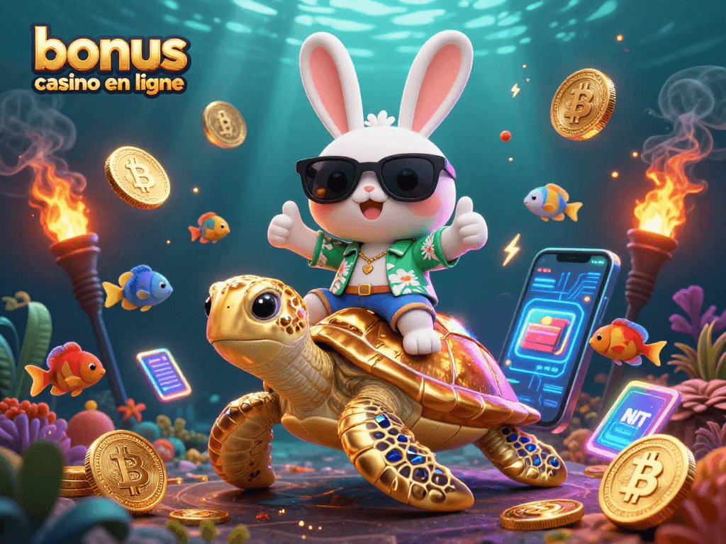Trace des bonus casino en ligne avec le lapin chanceux et la tortue dorée plongeant dans l'univers ludique.
