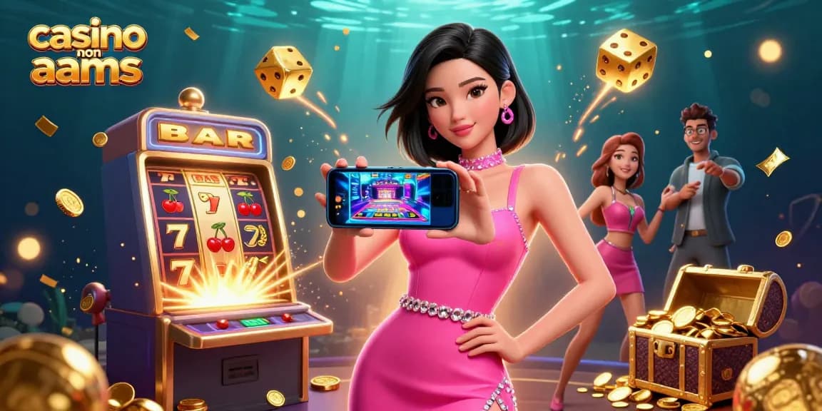 Scena coinvolgente di un casinò non AAMS con una donna sicura che mostra un gioco con dealer dal vivo sul suo smartphone, circondata da elementi di gioco vivaci.