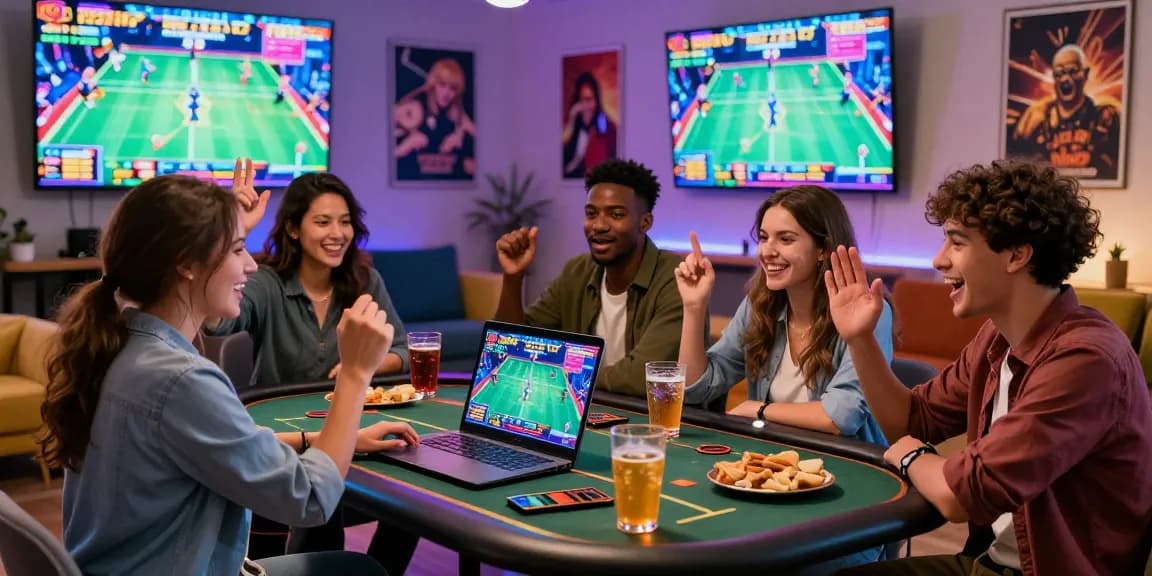 Célébration d'amis profitant des jeux de casino en ligne ensemble à la maison, atmosphère vibrante