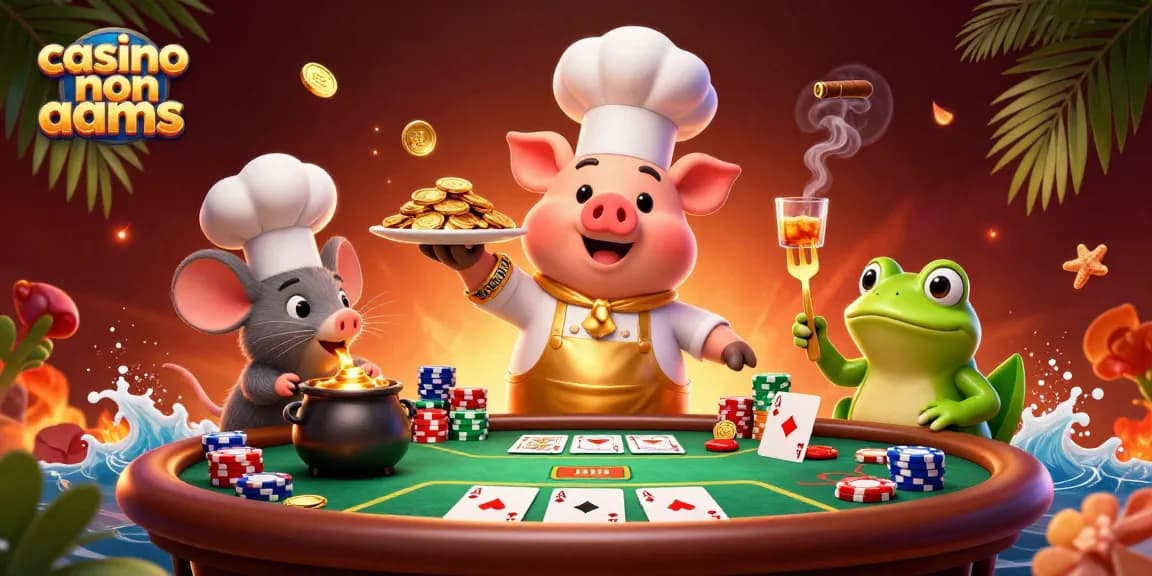 Interagisci con i casino non AAMS mentre un maialino chef serve monete d'oro, circondato da elementi dinamici di poker.
