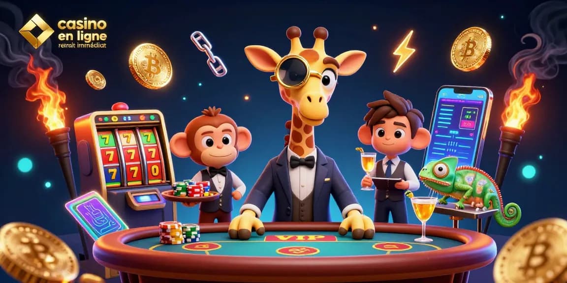 Vivez l'excitation du casino en ligne retrait immédiat avec cette illustration dynamique de jeux et personnages.