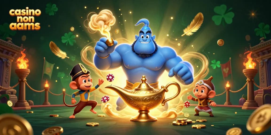 Scena emozionante di un casinò non AAMS con un genio muscoloso, fiches da poker e elementi magici