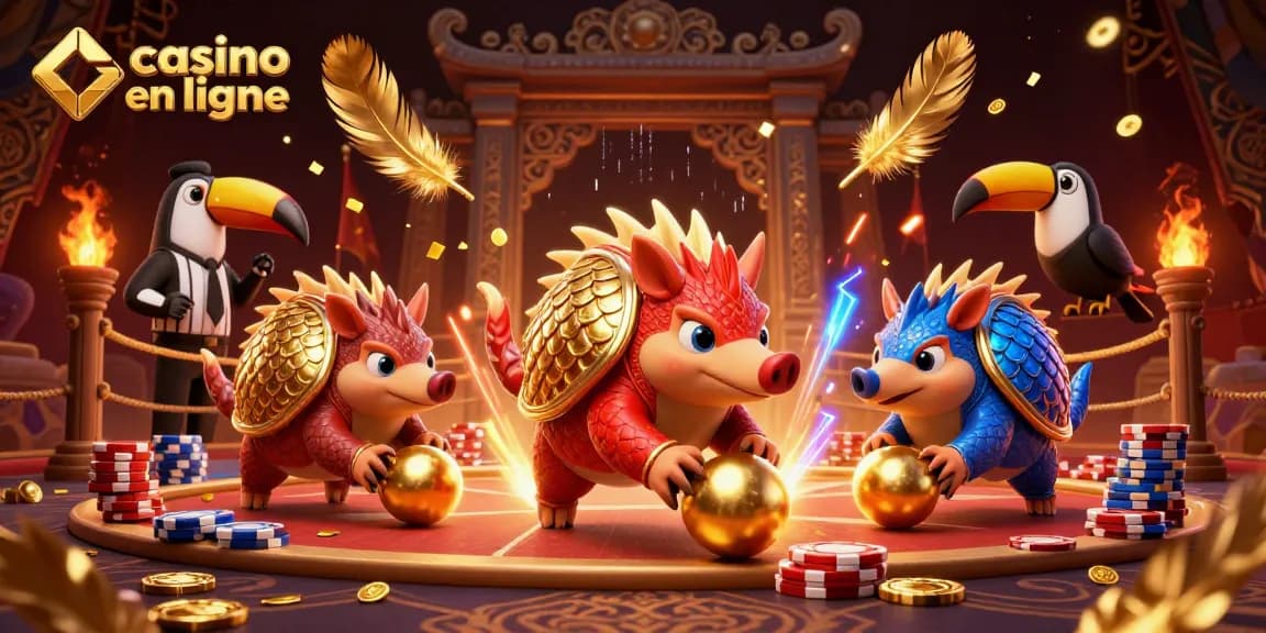Casino en ligne : deux pangolins rivaux en train de jouer parmi des jetons de poker colorés.
