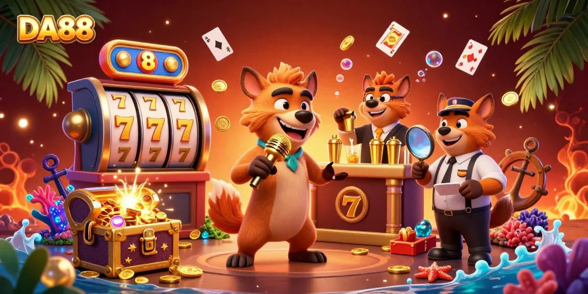DA88 hyenas entertaining at a vibrant comedy casino club with slot reels, gold coins, and lively characters.