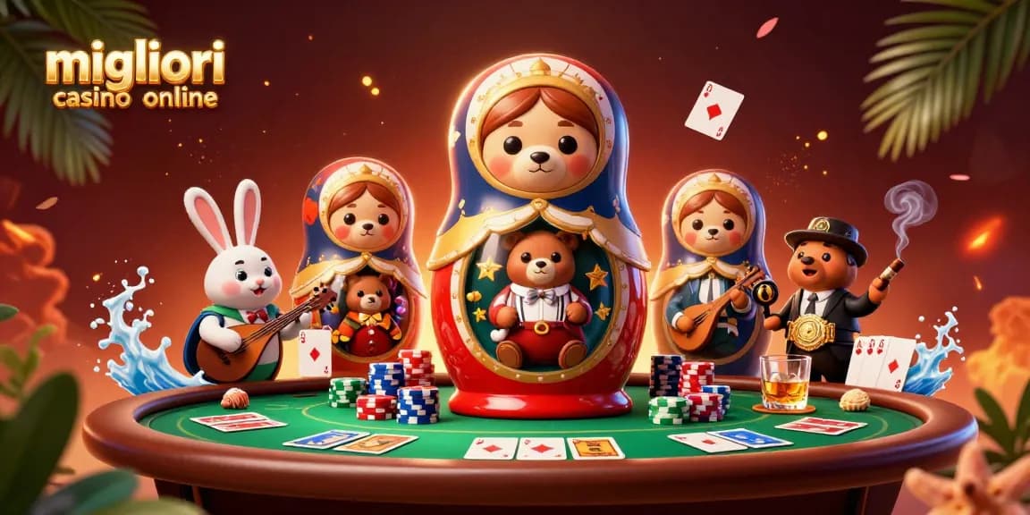 Interagisci con i migliori casino online, featuring colorati elementi di poker e design di personaggi giocosi.