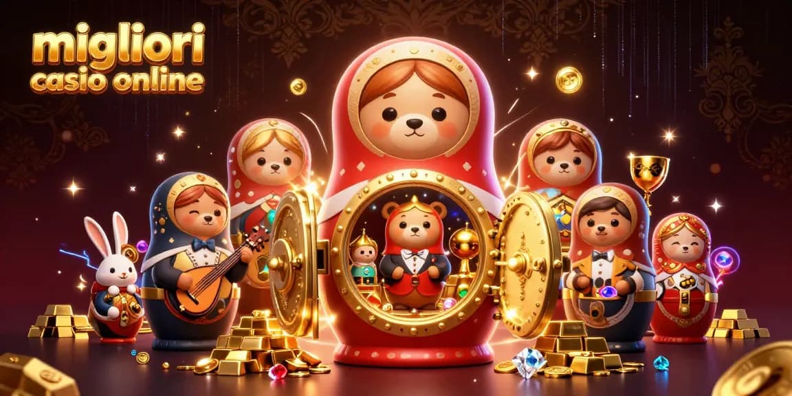 Scopri i migliori casino online con un'illustrazione vibrante di un orso Matryoshka in un'atmosfera festosa.