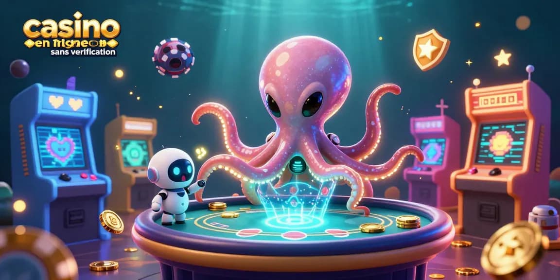Jouez à un casino en ligne sans vérification avec une illustration captivante de jeux futuristes et un octopus dans l'espace.