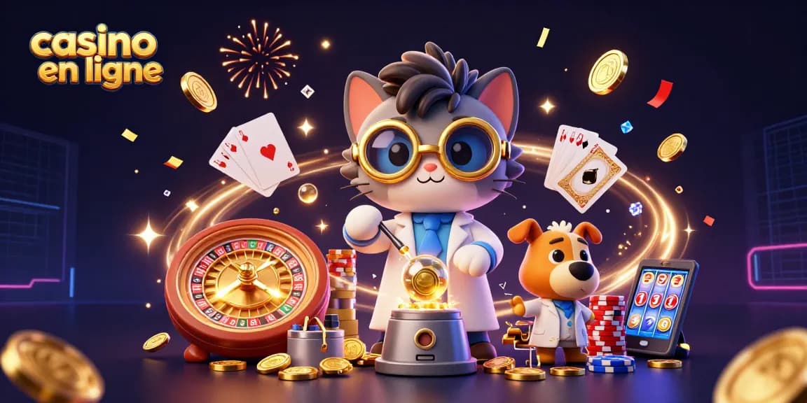 Illustration engageante de casino en ligne avec un chat et un chien de scientifiques fous créant des pièces d'or.