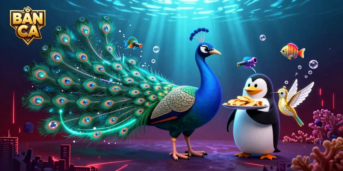 BẮN CÁ showcases a lively underwater gambling scene with vibrant sea creatures and characters, emphasizing the thrill of winning.