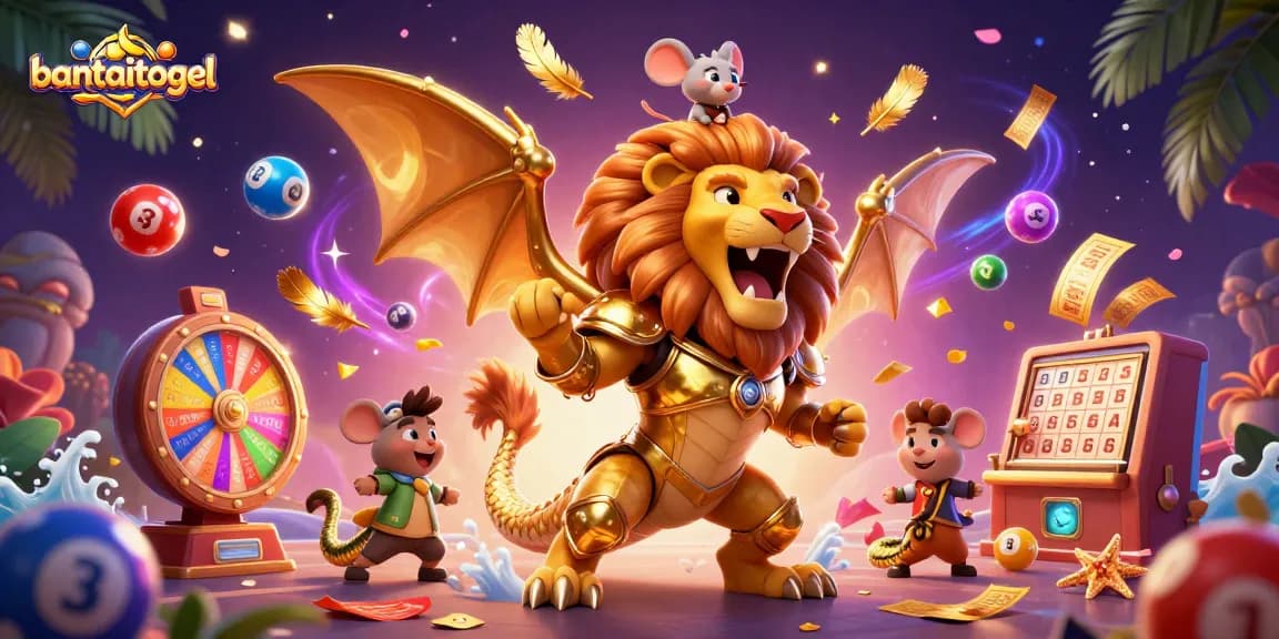 Bantaitogel features a 3D chimera celebrating amid dynamic lottery elements, showcasing exciting gaming possibilities.