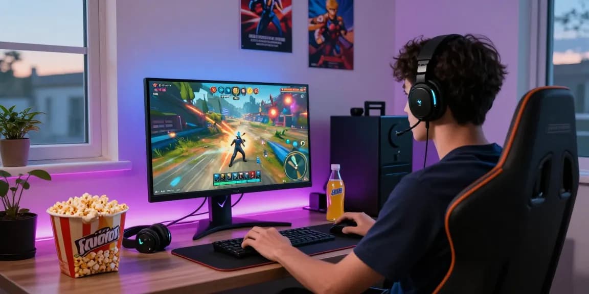 Pengguna terlibat dalam permainan Santoto4D di ruang gaming modern dengan grafis cerah dan suasana menyenangkan.