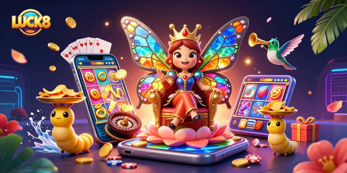 LUCK8 showcases vibrant casino action with a butterfly queen and games surrounding her.
