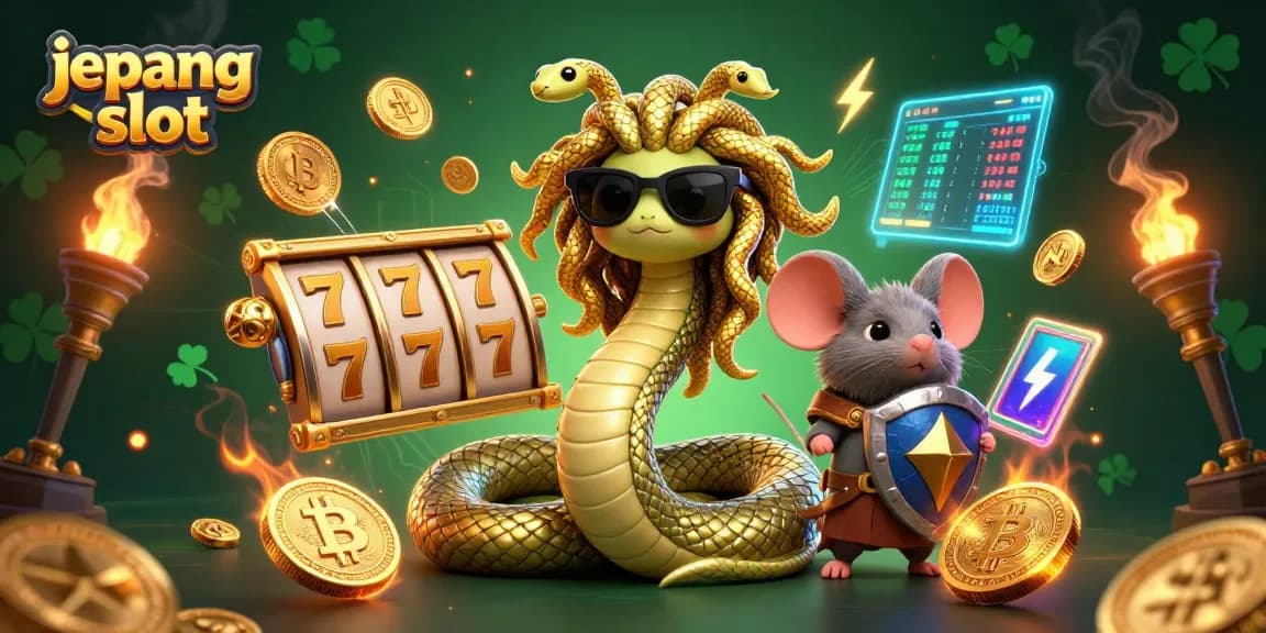 Spin for wins at Jepang Slot with a visually stunning digital scene of Medusa and a warrior mouse.