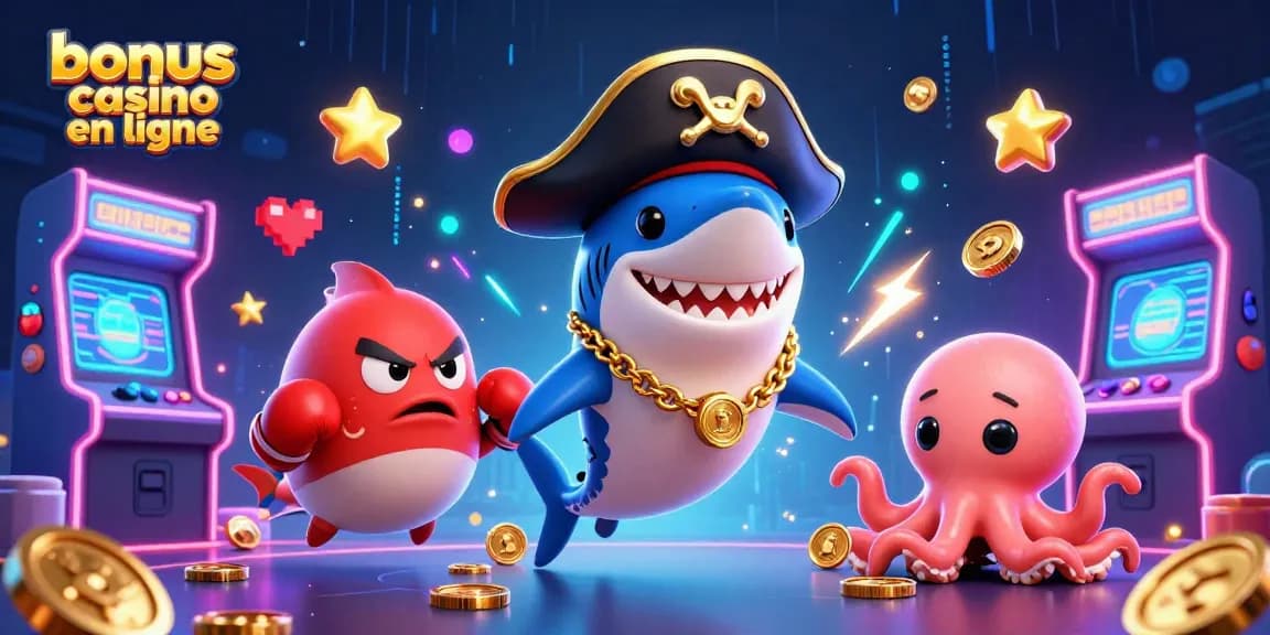 Illustration dynamique de "bonus de casino en ligne" avec un requin pirate et un poisson-globe.