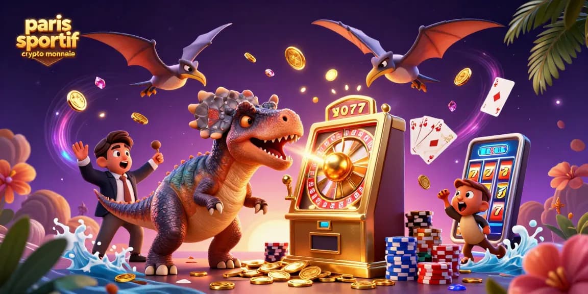 Illustration 3D dynamique de paris sportifs en crypto-monnaie, avec des personnages de dinosaure et des éléments de casino.