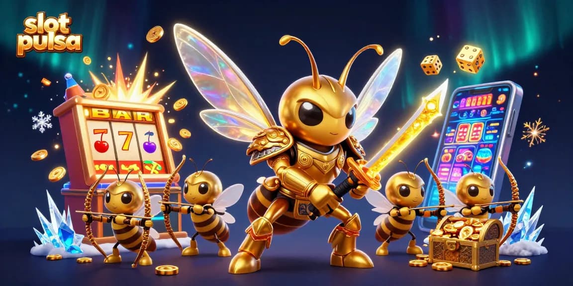 Menangkan jackpot di slot pulsa dengan ilustrasi fantastis mesin slot yang meledak dengan koin dan cahaya.