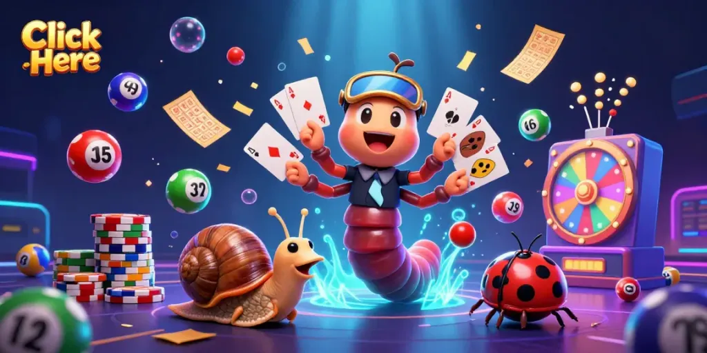 Engage with exciting casino visuals in this 3D illustration showcasing Click Here gaming elements.