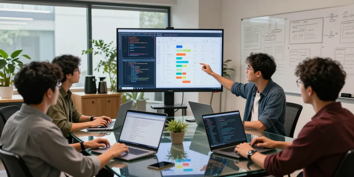 Collaborative tech workspace showing developers discussing 纸飞机中文版 project with laptops and large screen.