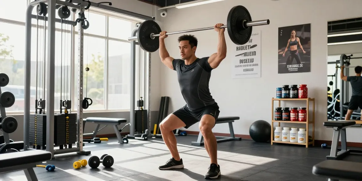 Dynamic workout at Deus Medical Shop with an athletic man lifting weights and fitness supplements.