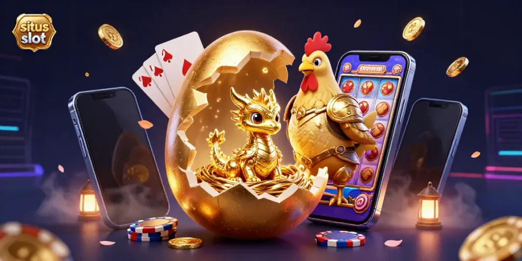 Situs slot illustration showcasing a golden dragon and colorful slot elements in a vibrant casino scene.
