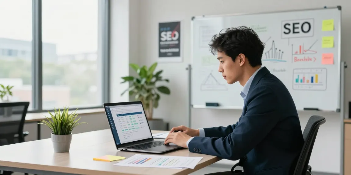 Business professional analyzing SEO backlink services in a modern office setting, focusing on website analytics.