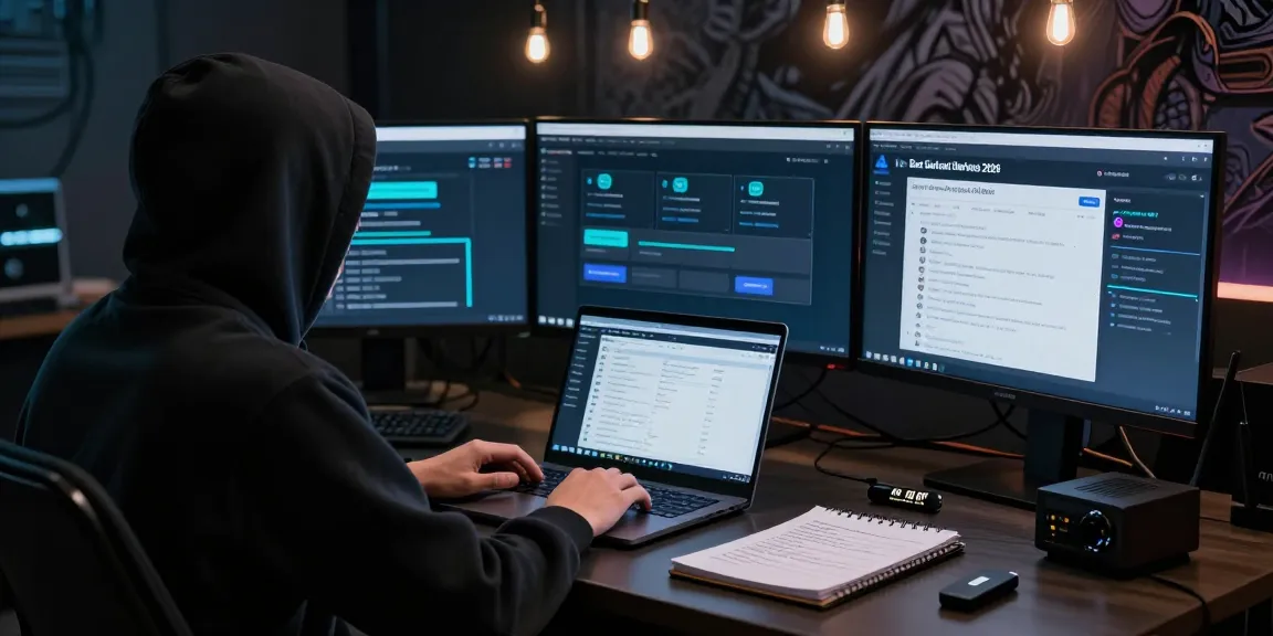 Focused individual exploring the Best Darknet Markets 2026 in a dimly lit room, showcasing encryption tools and detailed notes.