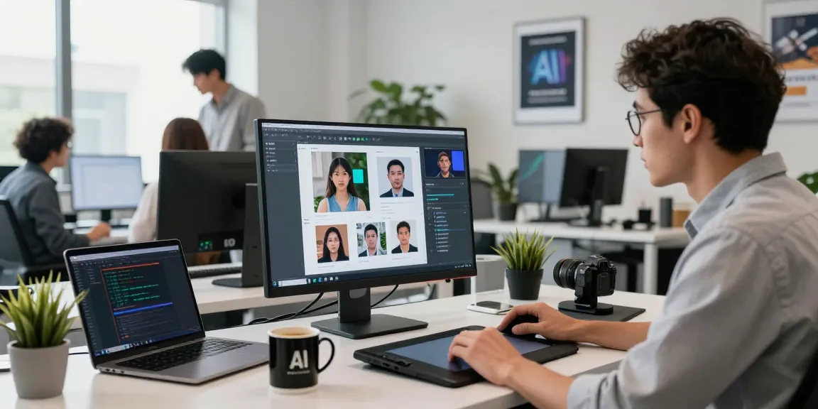 AI Image Detector analyst reviewing AI-generated images in a modern tech workspace.