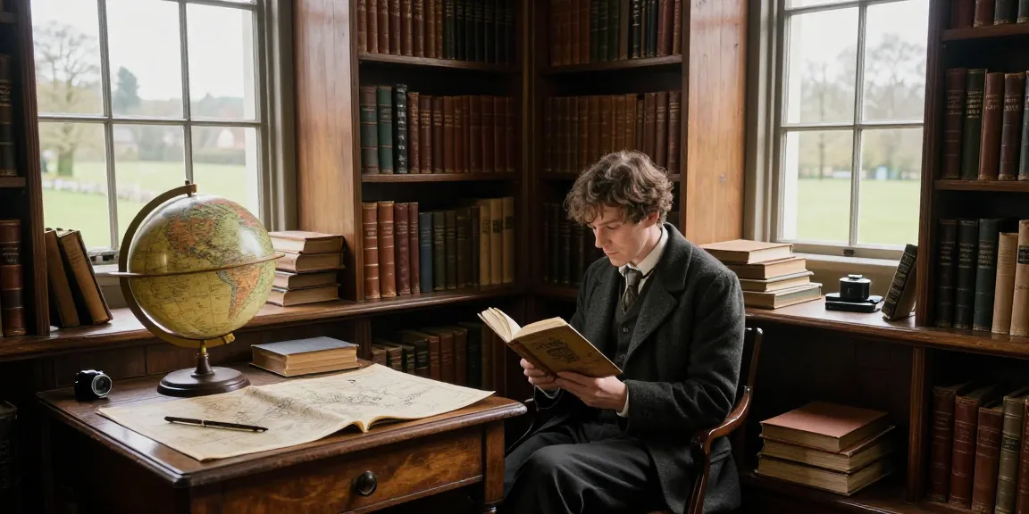 A person exploring historical content on https://tyntescastle.com in a cozy library setting, surrounded by books and artifacts.