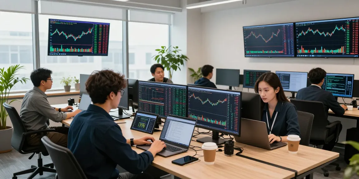 Traders reviewing OKX reviews in a modern crypto trading office with large screens and laptops.