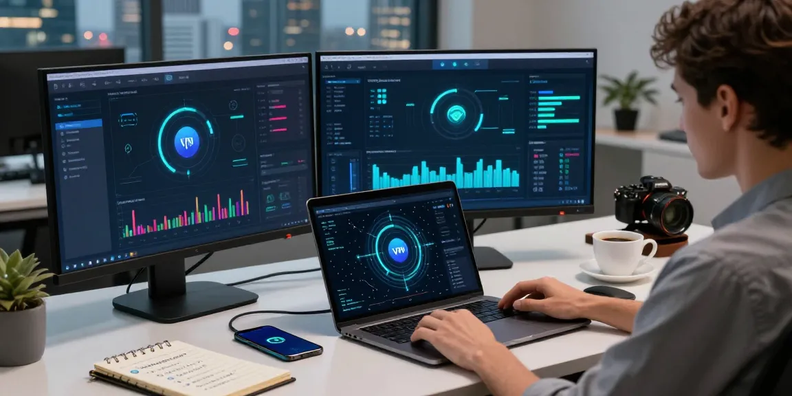 User connecting to 快连 VPN in a modern workspace, showcasing high-speed connection stats and dynamic network security.