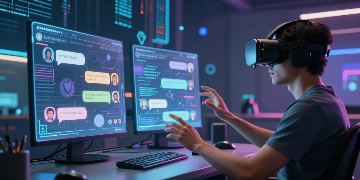 Engaging ai nsfw chat in futuristic VR environment with holographic avatars.