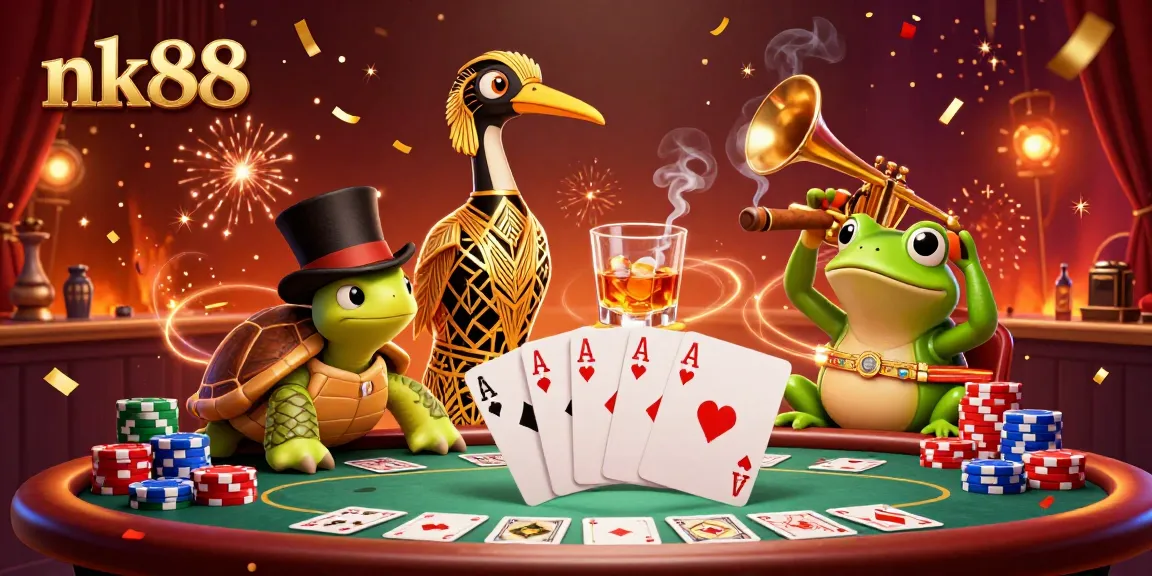 Experience thrilling poker action at nk88 with a vibrant 3D illustration of a cartoon bar scene featuring unique characters and game elements.