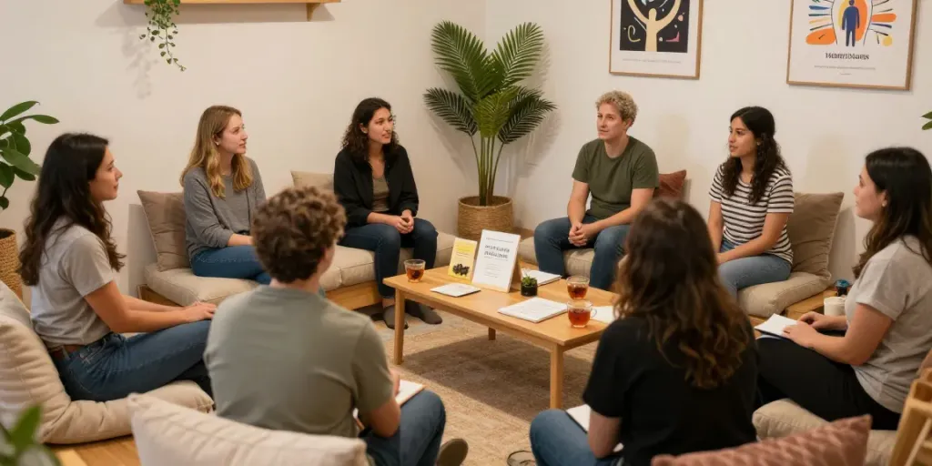 Community gathering discussing wellness, featured rokok88 for mental health support.