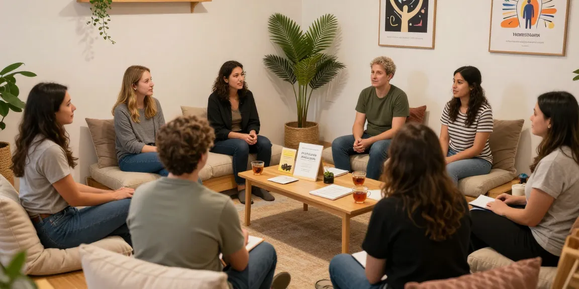 Community gathering discussing wellness, featured rokok88 for mental health support.