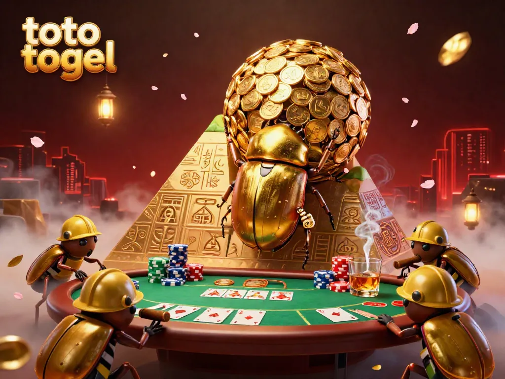 Engaging illustration of a golden beetle rolling a coin ball in a vibrant casino setting themed around toto togel.