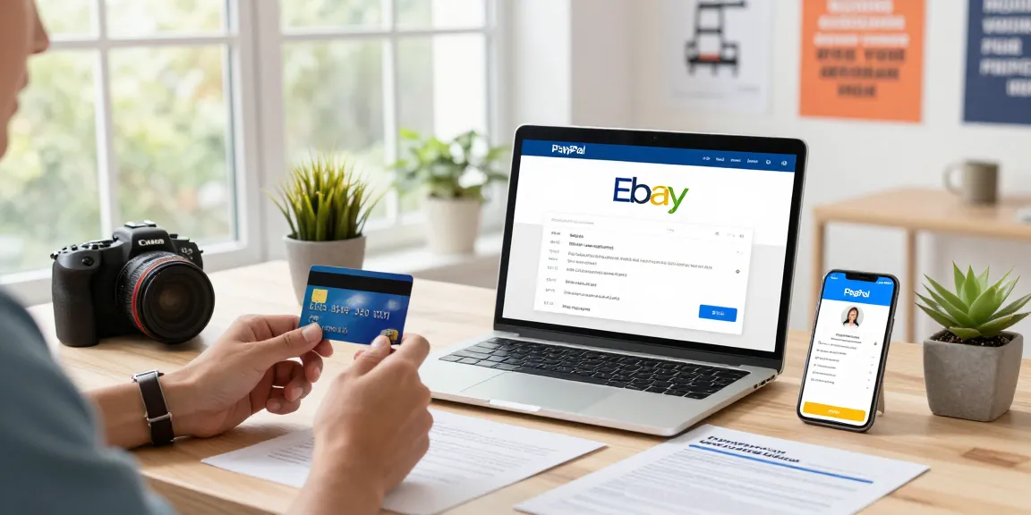Buy eBay account with confidence in a professional e-commerce setting showcasing a laptop display and payment options.