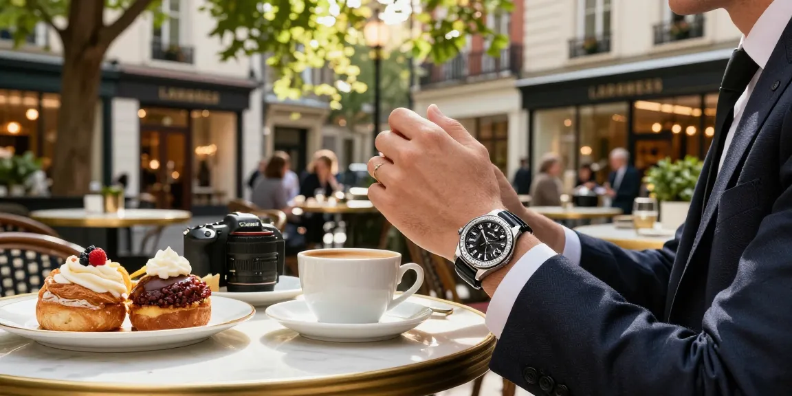 Individual showcasing stylish clone watches at a vibrant café table with an elegant brunch setting