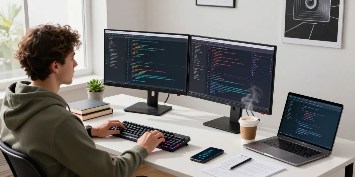 Software engineer working on coding project at telegraimin.com workspace with dual monitors and coffee.