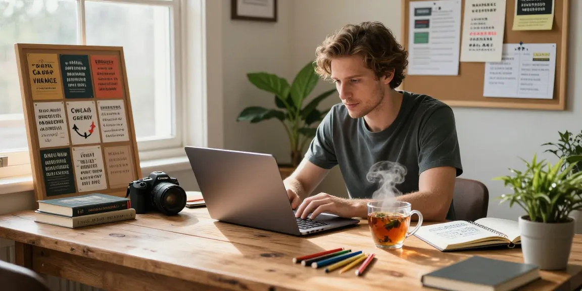 Nathan Garries in a vibrant home office fostering personal development with motivational tools and warm light.