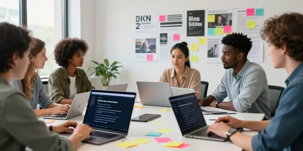 Diverse team brainstorming with an AI blog post titles generator tool for engaging content.