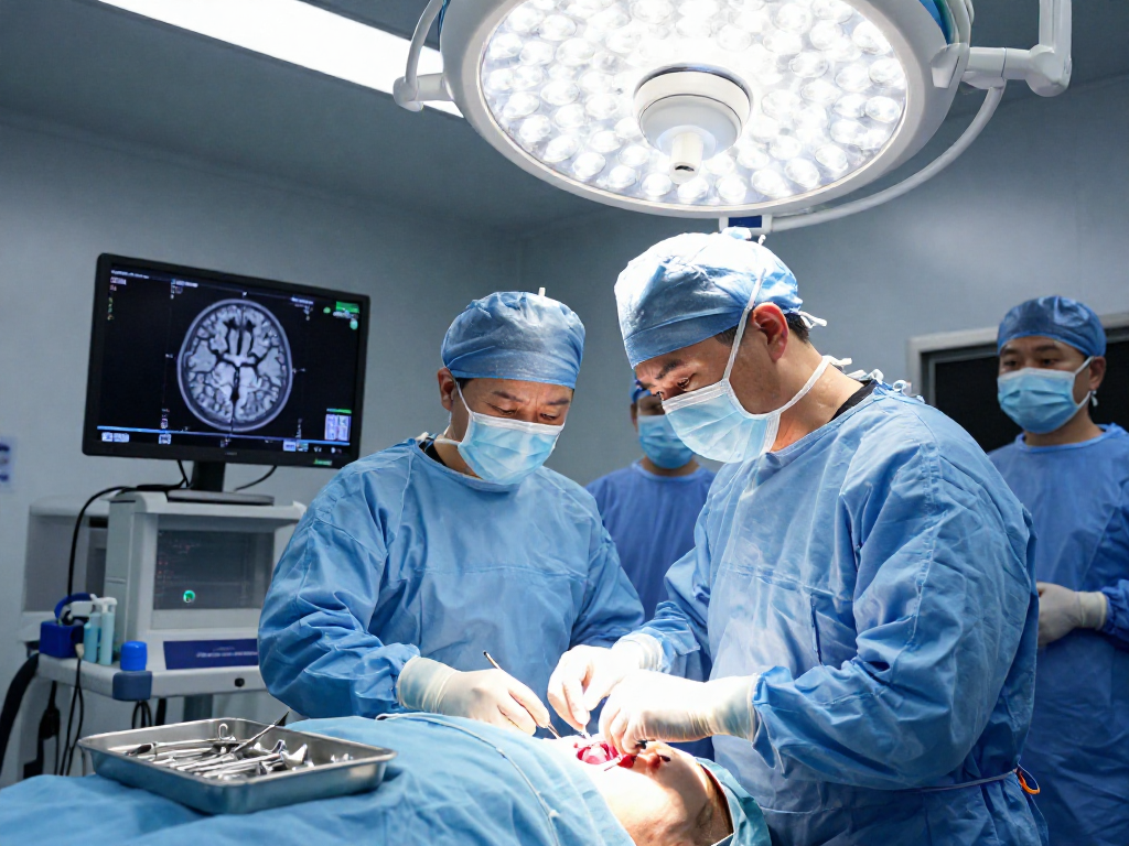 Beyin tümörü ameliyatı showcasing a surgical team performing an intricate operation with advanced imaging technology in a modern operating room.