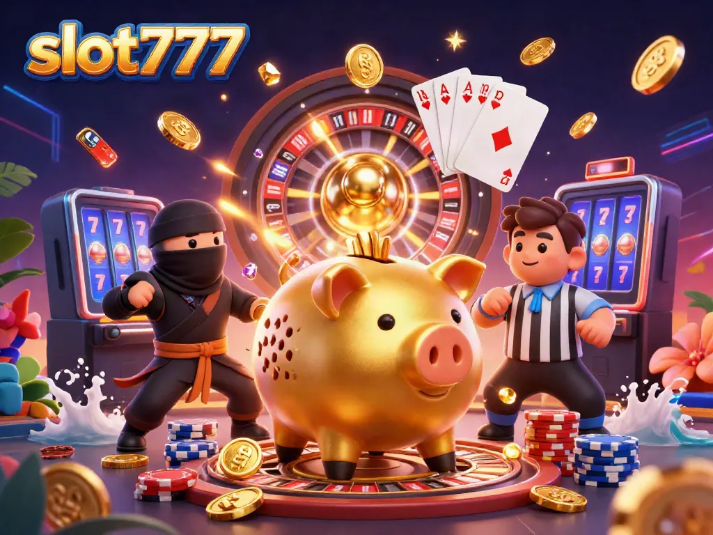 Menangkan permainan slot777 dengan celengan emas dan ninja beraksi di kasino 3D yang futuristik.