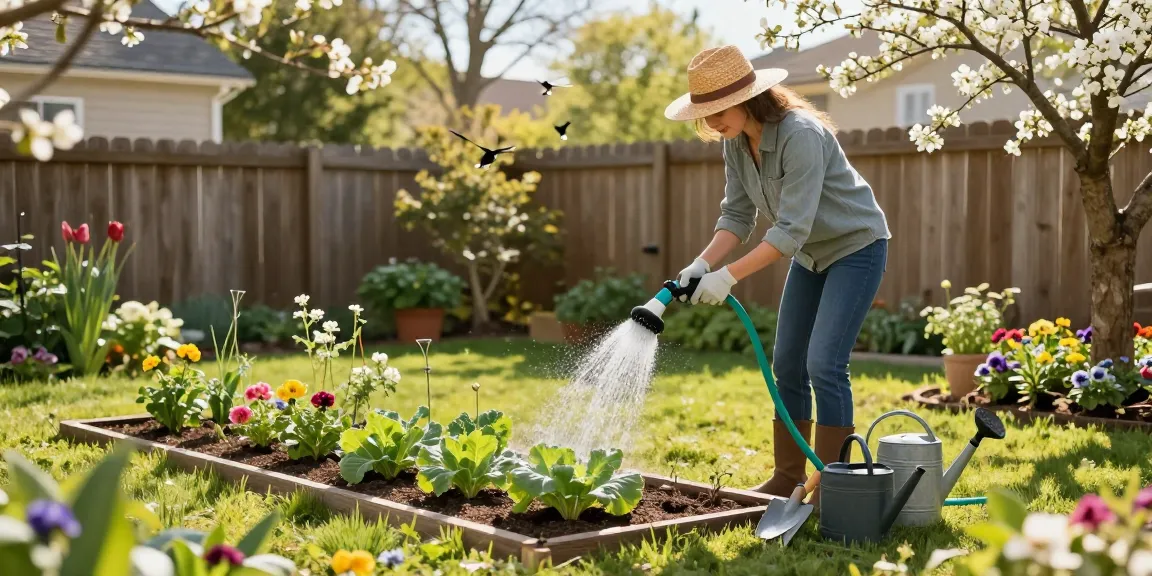 Garden scene showcasing the best hose nozzle watering vibrant plants in a sunny yard.