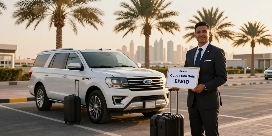 Luxury airport pickup Dubai with a chauffeur welcoming passengers at the airport.