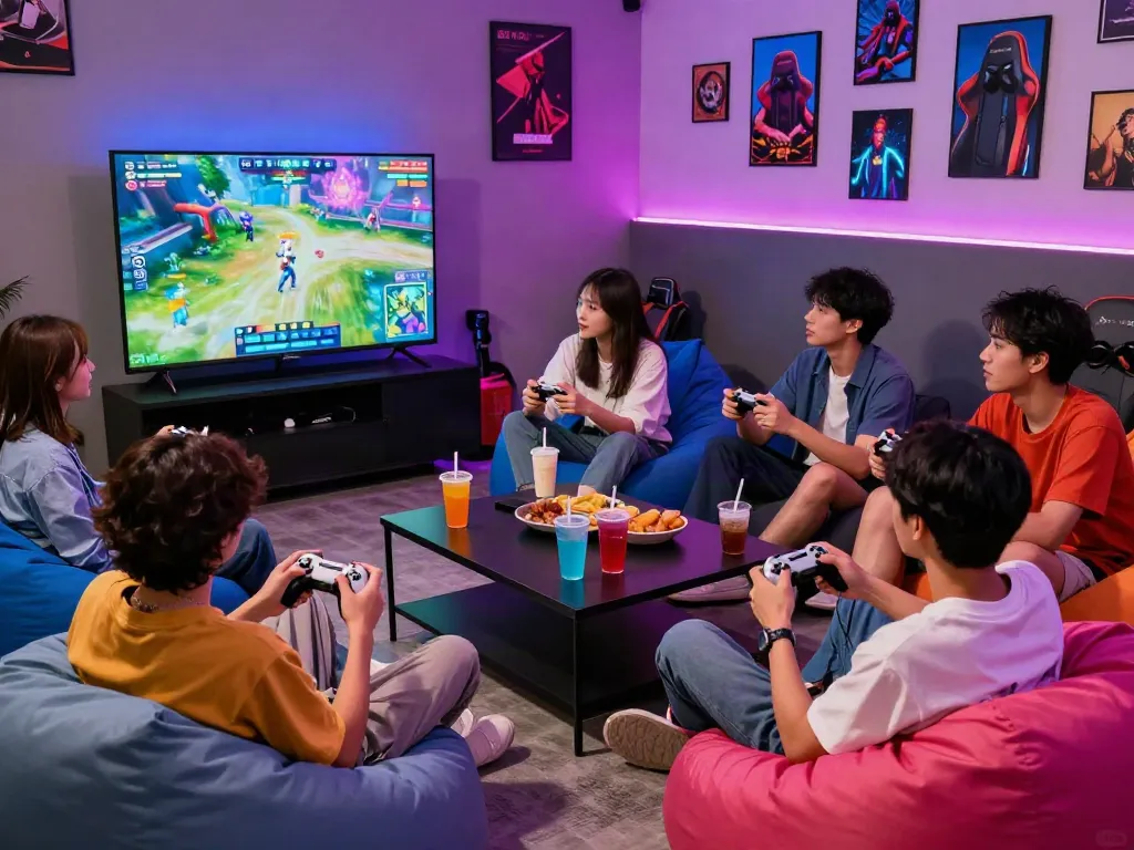 Friends enjoying rokok88 gaming together in a stylish lounge with vibrant lights and snacks.