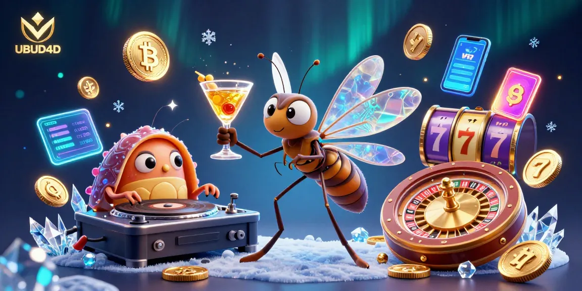 Engage with UBUD4D's dynamic casino scene featuring a lively mascot, slot reels, and 3D crypto elements.