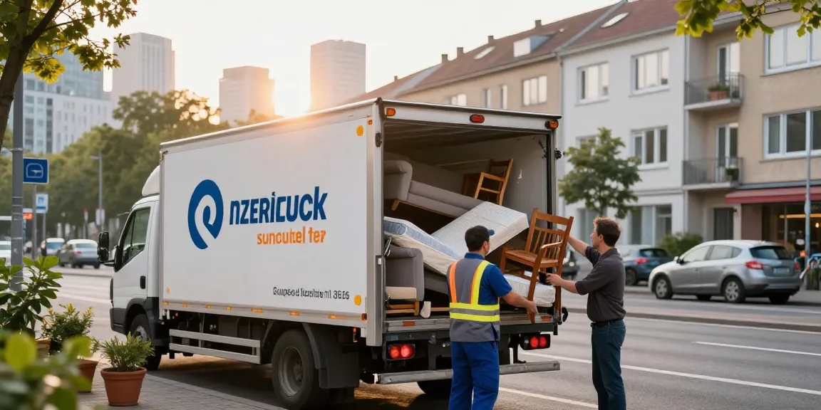 Sperrmüllabholung 80 Euro Berlin service worker loading furniture into truck in vibrant urban setting