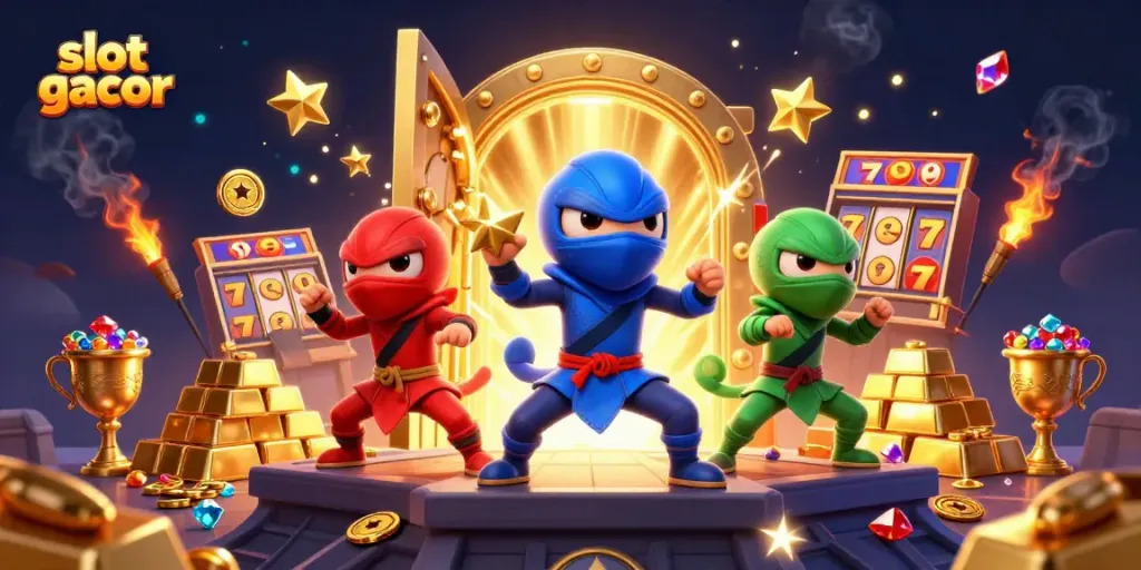 Experience thrilling wins with slot gacor featuring colorful ninja chameleons amidst dazzling treasures.