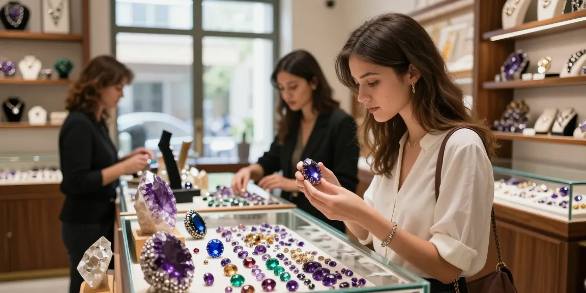 Explore beautiful gemstones like amethysts at https://www.mygemspot.com in a vibrant retail setting.